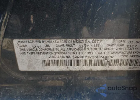 2006 Volkswagen Jetta Value Edition из США, поврежденный, VIN 3VWPF71K26M749200